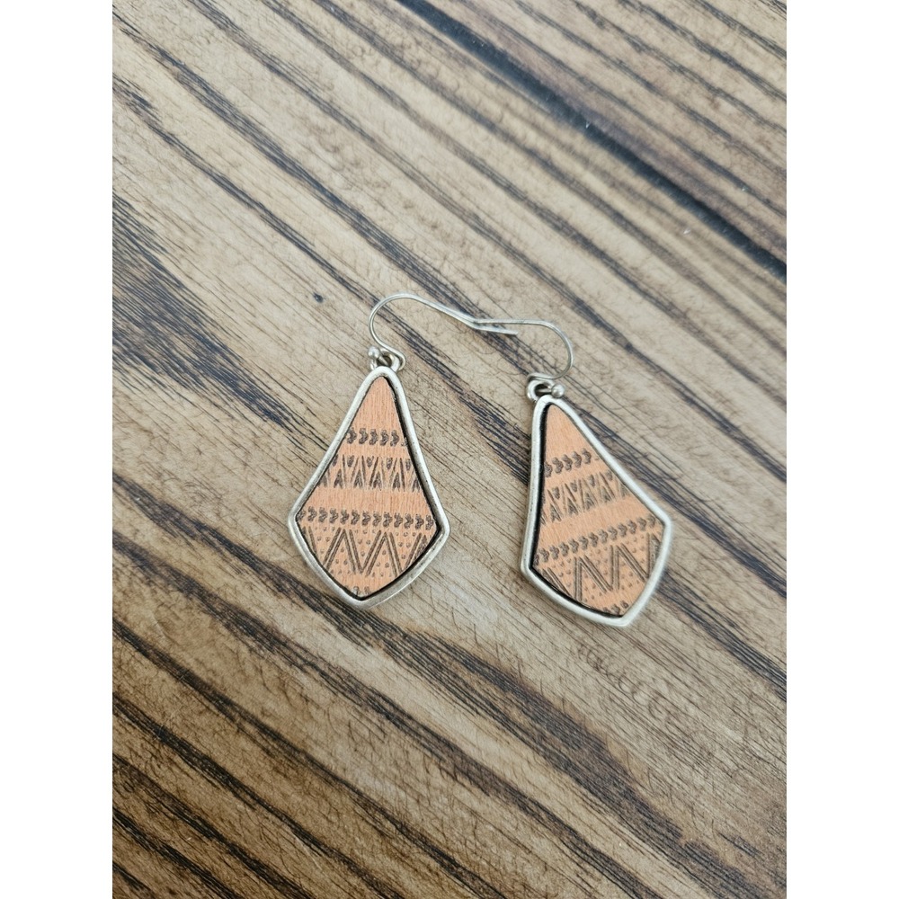 Boho Geometric Laser Cut Wood Inlay Earrings Silver Diamond Teardrop Dangleβ